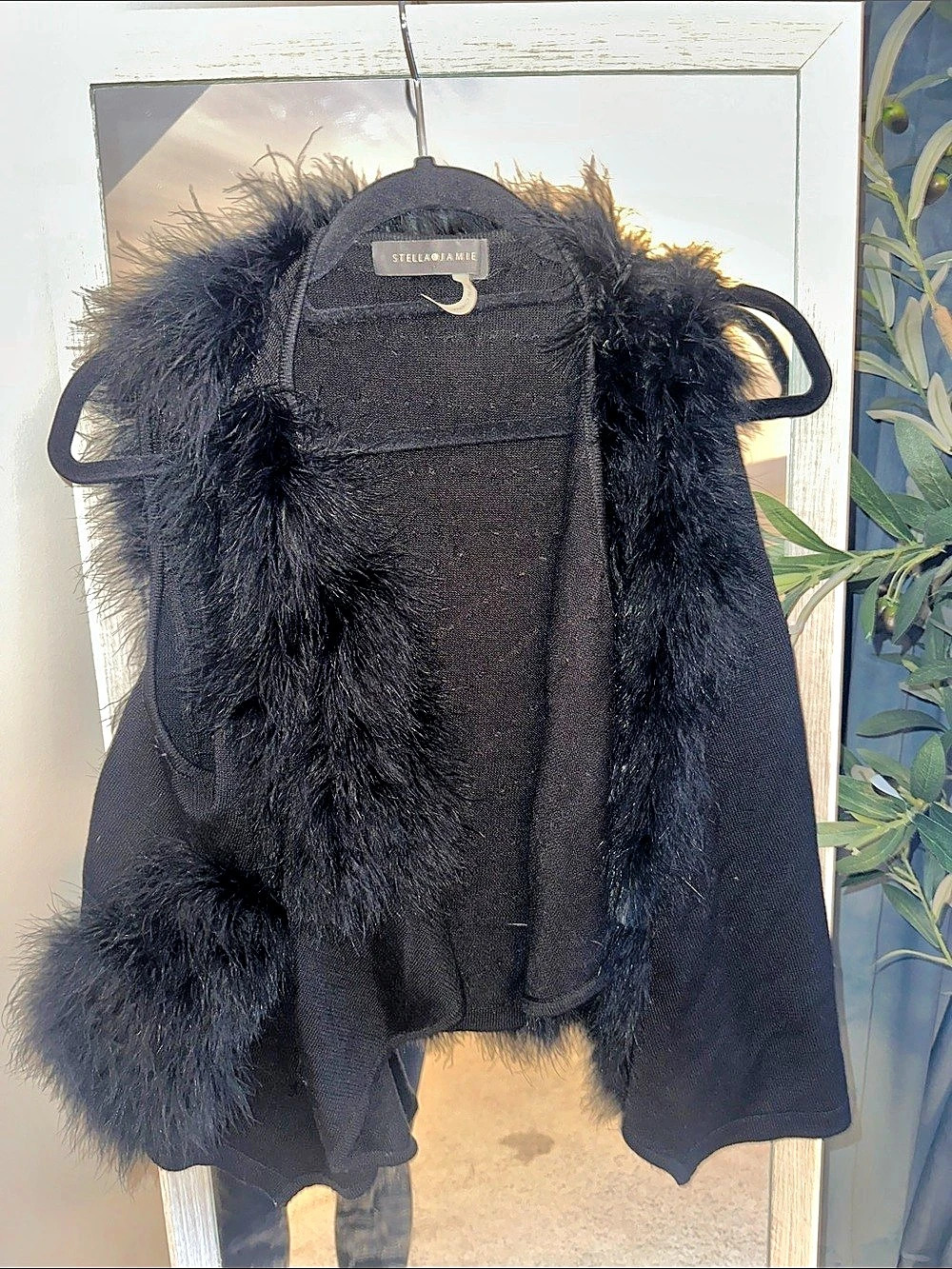 Stella & Jamie wool blend vest with ostrich fur trim